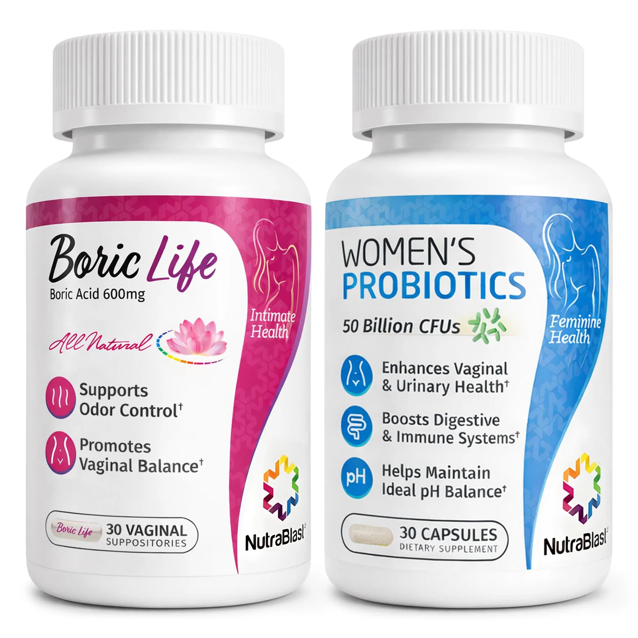 NutraBlast Boric Acid Suppositories 600mg (30 Count) | Vaginal pH Test Strips & Applicators — Boric Life + Women's Probiotics Bundle