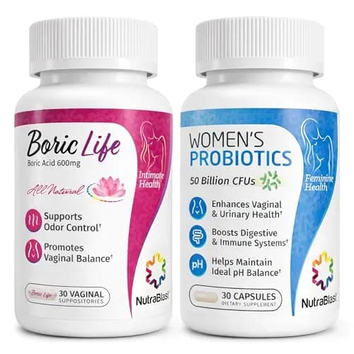 NutraBlast Boric Acid Suppositories Bundle with Women's Probiotics 60 Count | Supports Odor Control, Intimate Health Support, 100% Pure, Vegetable Capsules, Made in USA thumbnail 1