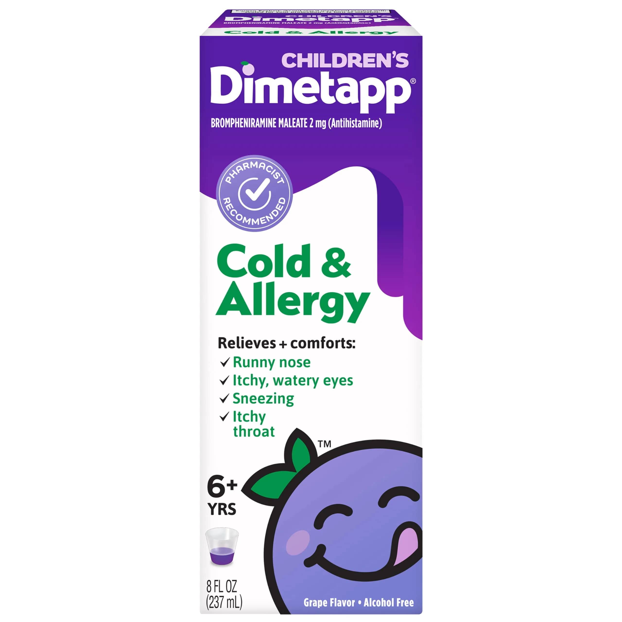 Dimetapp Children’s Cold & Allergy Liquid, Grape Flavor, 8 fl oz | Multi-symptom relief for kids — Syrup