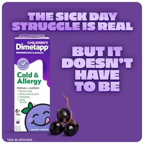 Dimetapp Children’s Cold & Allergy Liquid, Grape Flavor, 8 fl oz | Multi-symptom relief for kids thumbnail 3