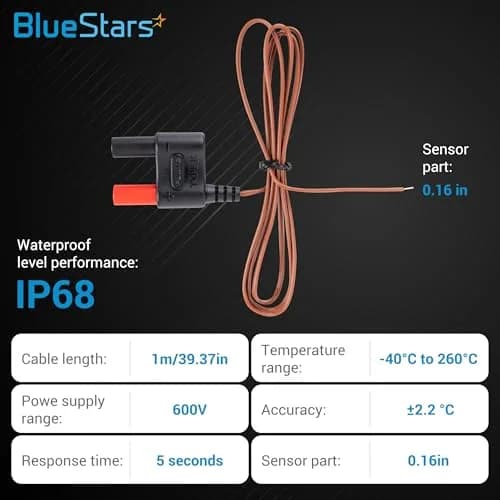 BlueStars 80BK-A Type K Thermocouple Bead Probe 1m (3.28ft) | Accurate to ±2.2°C for Fluke Multimeters thumbnail 2