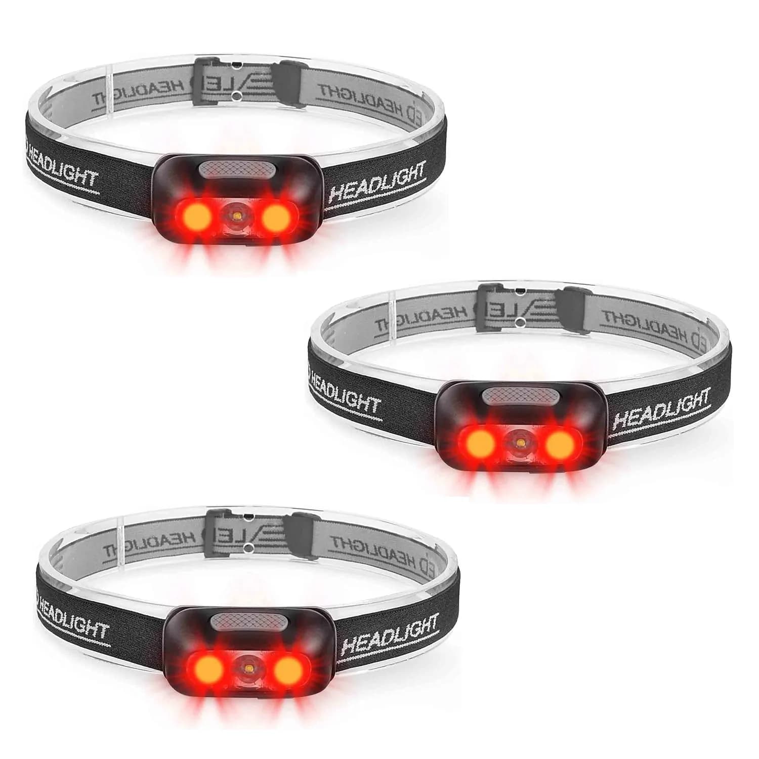 Geekhigh 500 Lumen Rechargeable Headlamp with Red Light 3PACK | IP54 Water-Resistant, 5 Modes, USB Rechargeable, Adult Outdoor Use — Red Headlight-Black