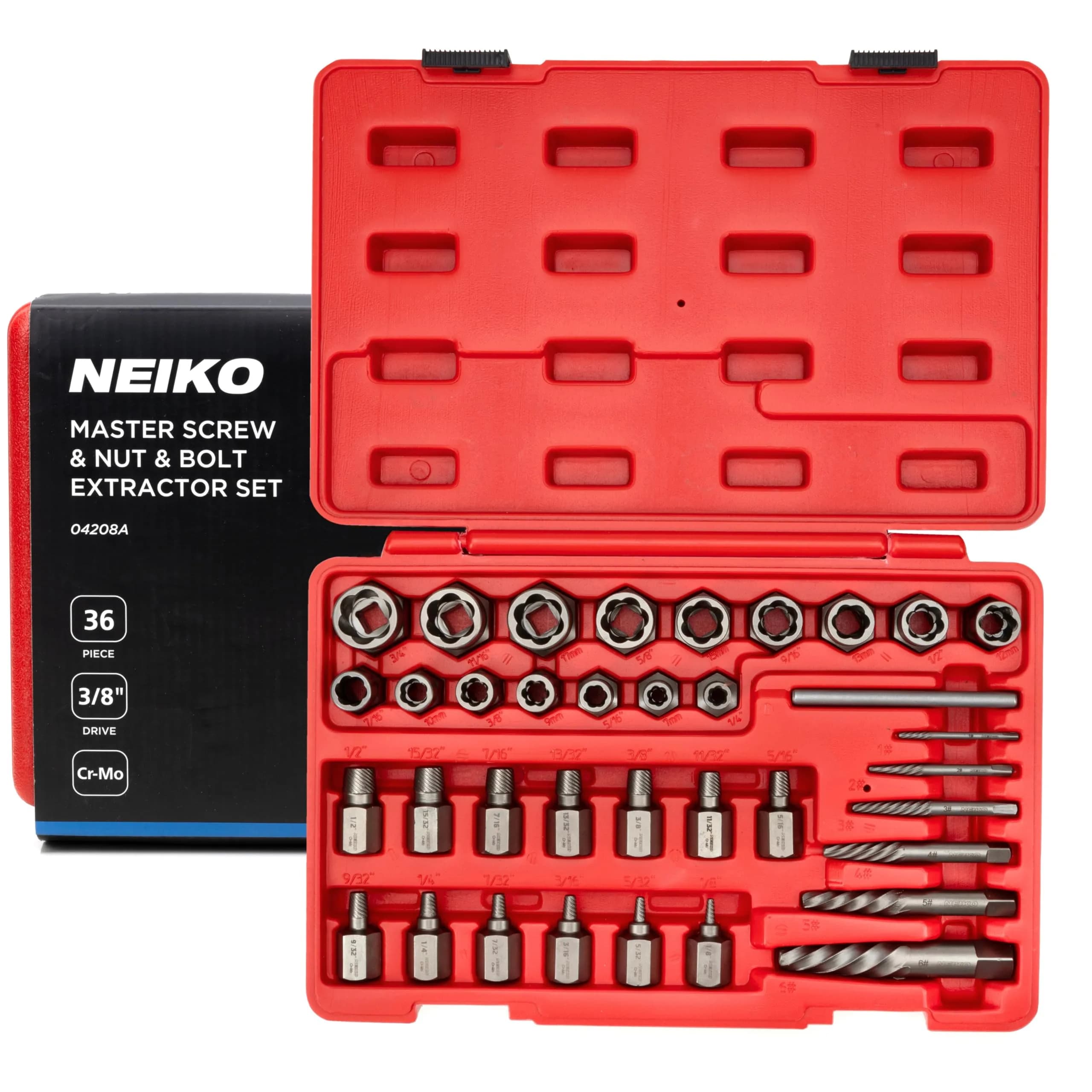 NEIKO 36 Piece Master Screw, Nut, & Bolt Extractor Set with 3/8" Drive Impact Sockets & Spiral Flute Extractors | CR-Mo Steel — 36 Piece