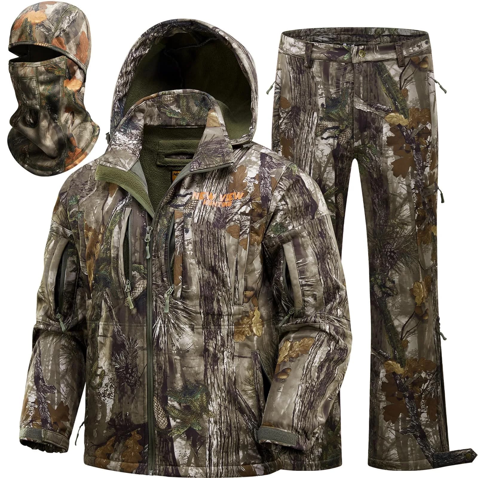 NEW VIEW Camo Hunting Clothes for Men, Quiet Warm Fleece Lining, Cold Weather Deer Hunting Jacket and Pants with Face Mask | Water-Resistant, Winter Ready