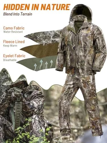 NEW VIEW Camo Hunting Clothes for Men, Quiet Warm Fleece Lining, Cold Weather Deer Hunting Jacket and Pants with Face Mask | Water-Resistant, Winter Ready thumbnail 2