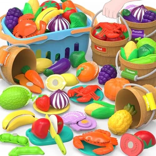 MOEAWS Play Food Toys with Shopping Basket, Cutting Food Set for Toddlers 3+ | Bright, Safe & Realistic thumbnail 1