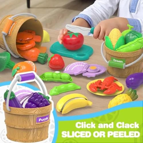 MOEAWS Play Food Toys with Shopping Basket, Cutting Food Set for Toddlers 3+ | Bright, Safe & Realistic thumbnail 5
