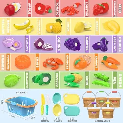 MOEAWS Play Food Toys with Shopping Basket, Cutting Food Set for Toddlers 3+ | Bright, Safe & Realistic thumbnail 6
