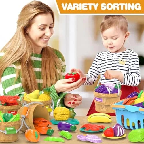 MOEAWS Play Food Toys with Shopping Basket, Cutting Food Set for Toddlers 3+ | Bright, Safe & Realistic thumbnail 7