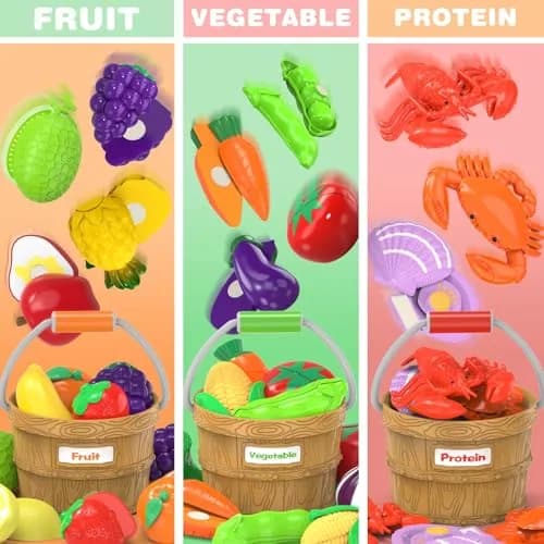 MOEAWS Play Food Toys with Shopping Basket, Cutting Food Set for Toddlers 3+ | Bright, Safe & Realistic thumbnail 3