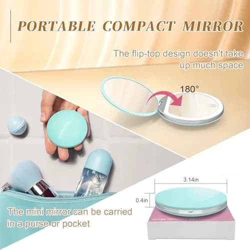 Kakuje Mint Green Compact Mirror with Light, 1X/3X Magnification LED Pocket Mirror | Portable Travel Makeup Mirror thumbnail 6