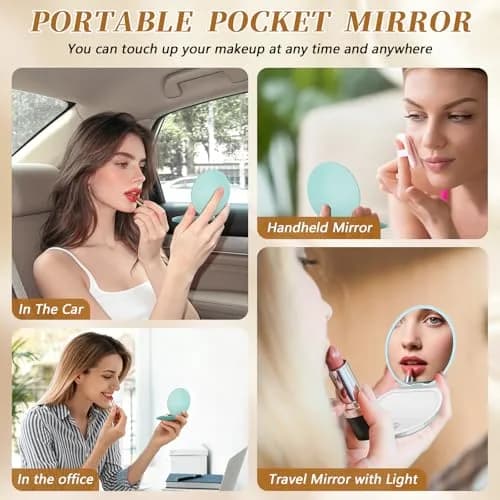 Kakuje Mint Green Compact Mirror with Light, 1X/3X Magnification LED Pocket Mirror | Portable Travel Makeup Mirror thumbnail 2