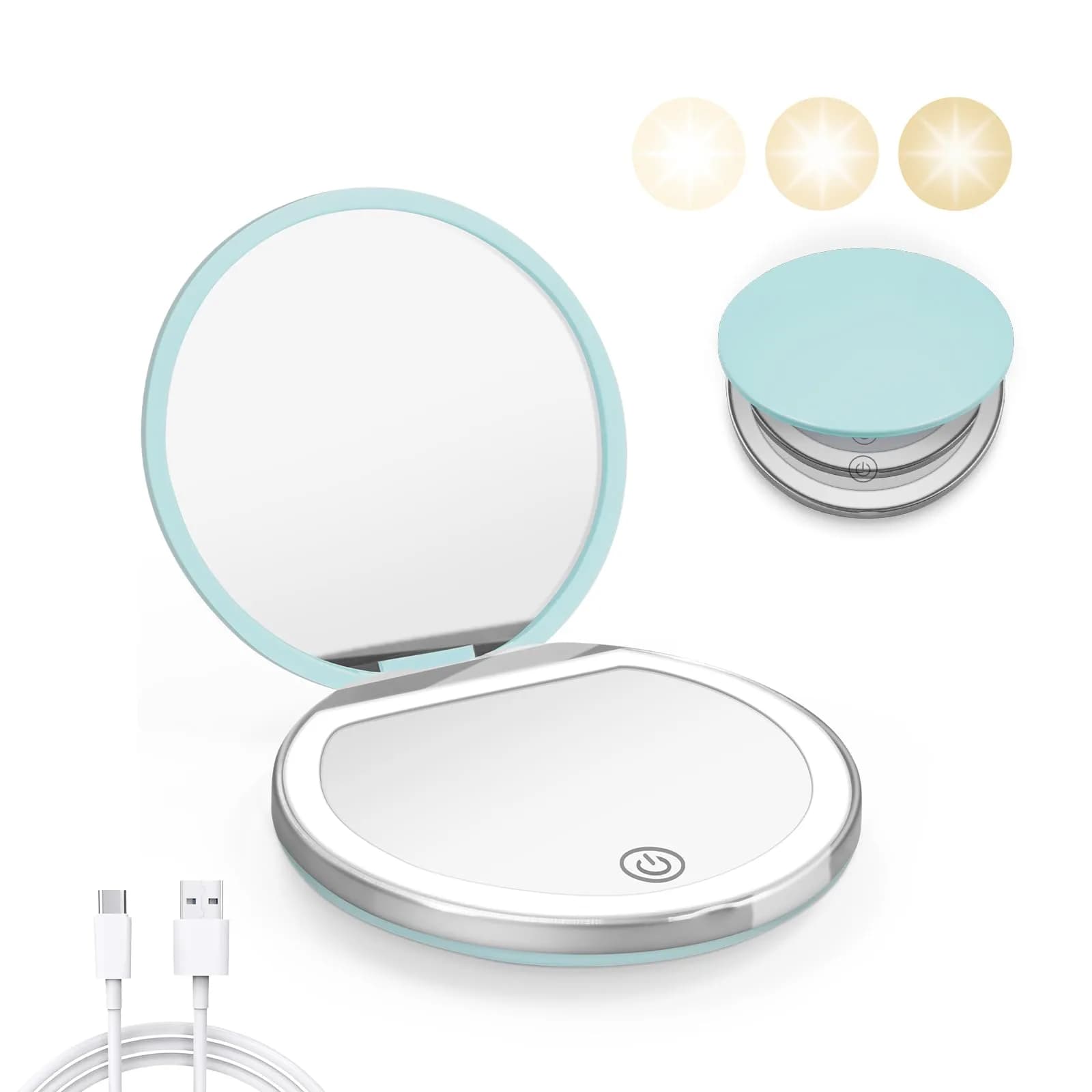 Kakuje Mint Green Compact Mirror with Light, 1X/3X Magnification LED Pocket Mirror | Portable Travel Makeup Mirror - main product image