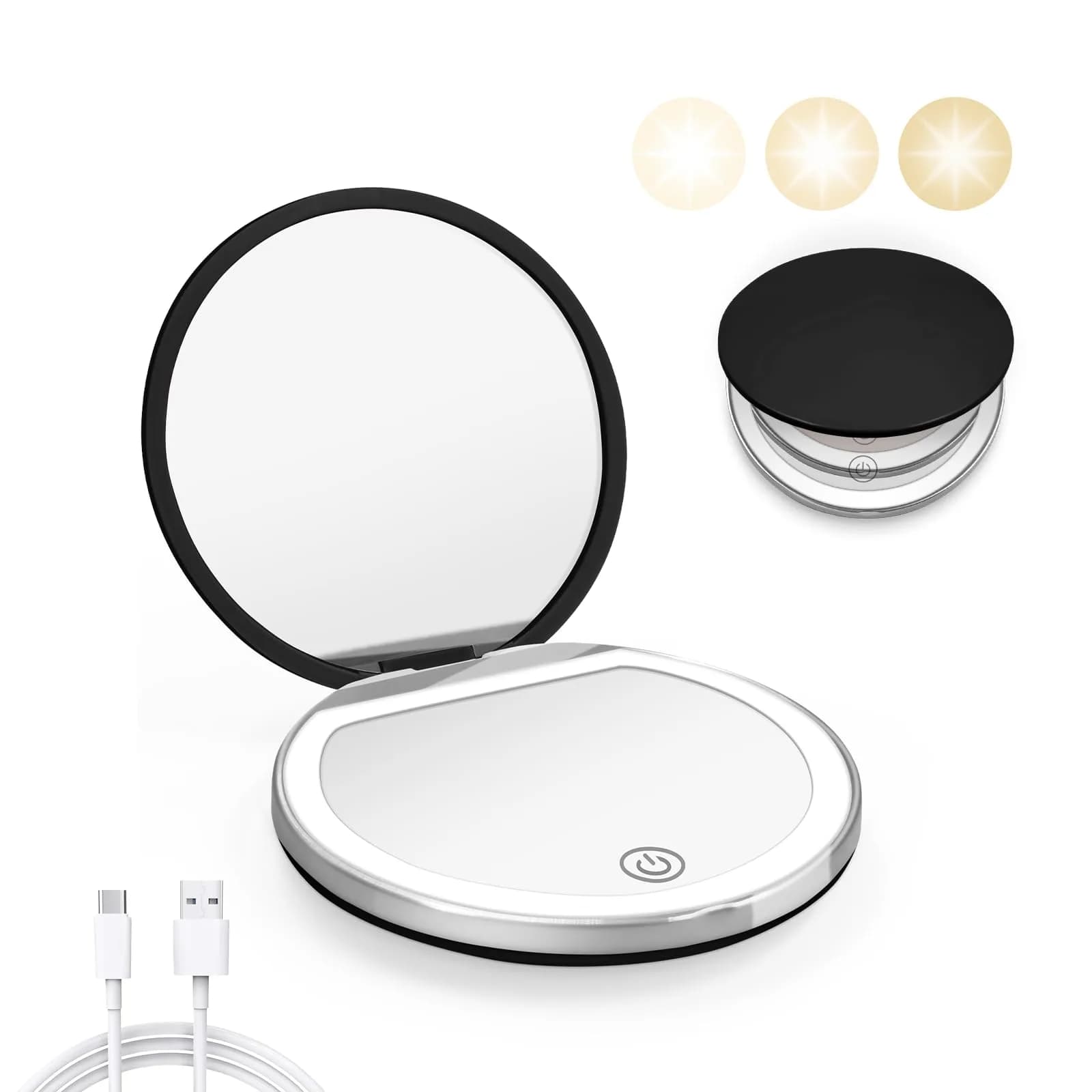 Kakuje Black Compact Mirror with Light, 1X/3X Magnification LED Pocket Mirror 7.9cm (3.1"L x 3.1"W) — Black