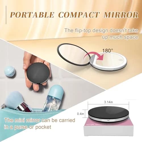 Kakuje Black Compact Mirror with Light, 1X/3X Magnification LED Pocket Mirror 7.9cm (3.1"L x 3.1"W) thumbnail 6