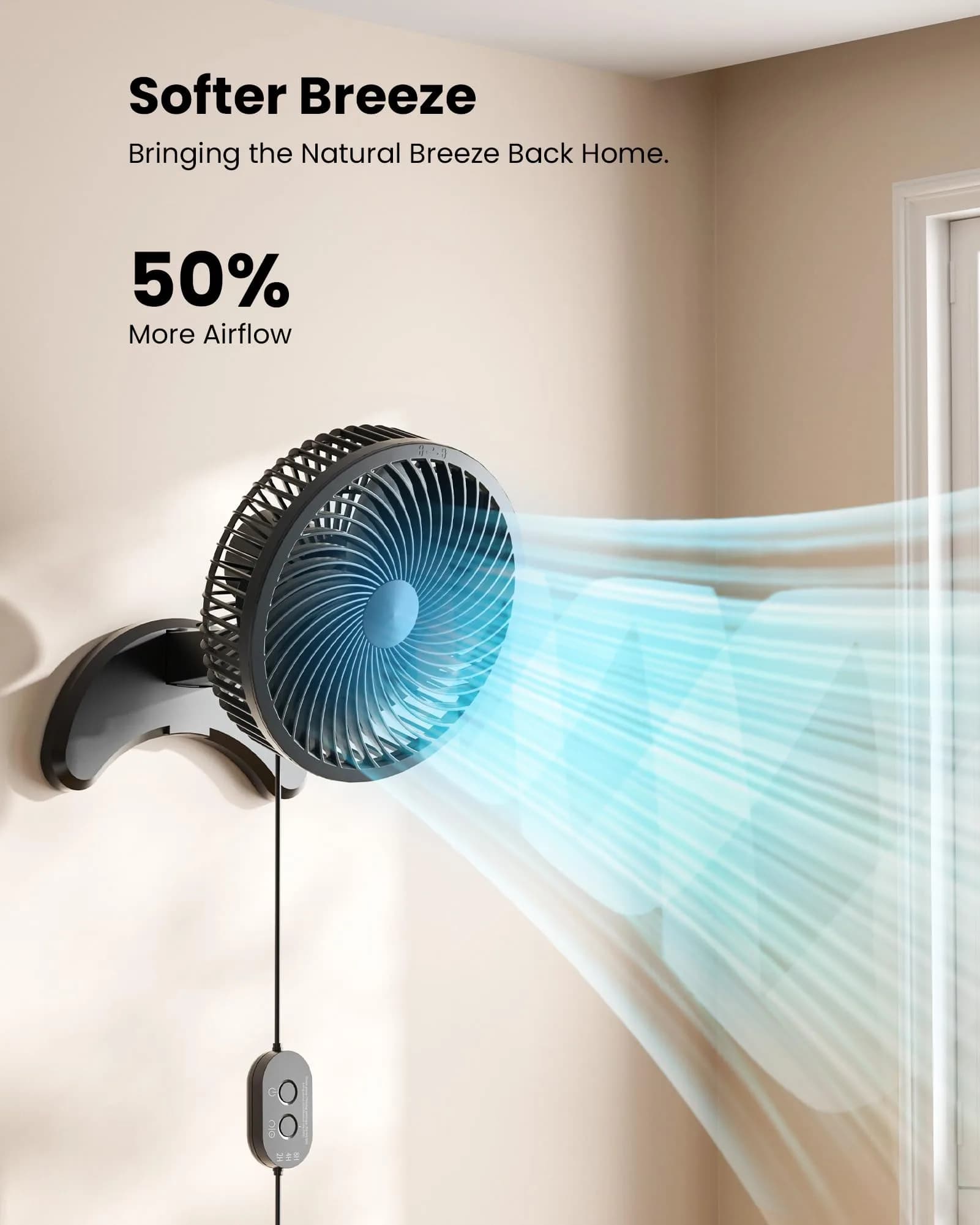 Koonie 8'' Wall Mount Fan Black | 20 cm Fan with Timer & Remote, 3 Speeds, Quiet Operation - view 3