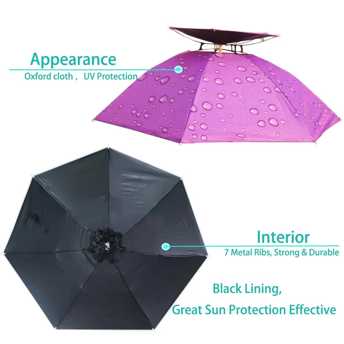Bocampty Purple Umbrella Hat, 37 inch Diameter, Hands-Free UV Protection for Fishing & Outdoors - view 2