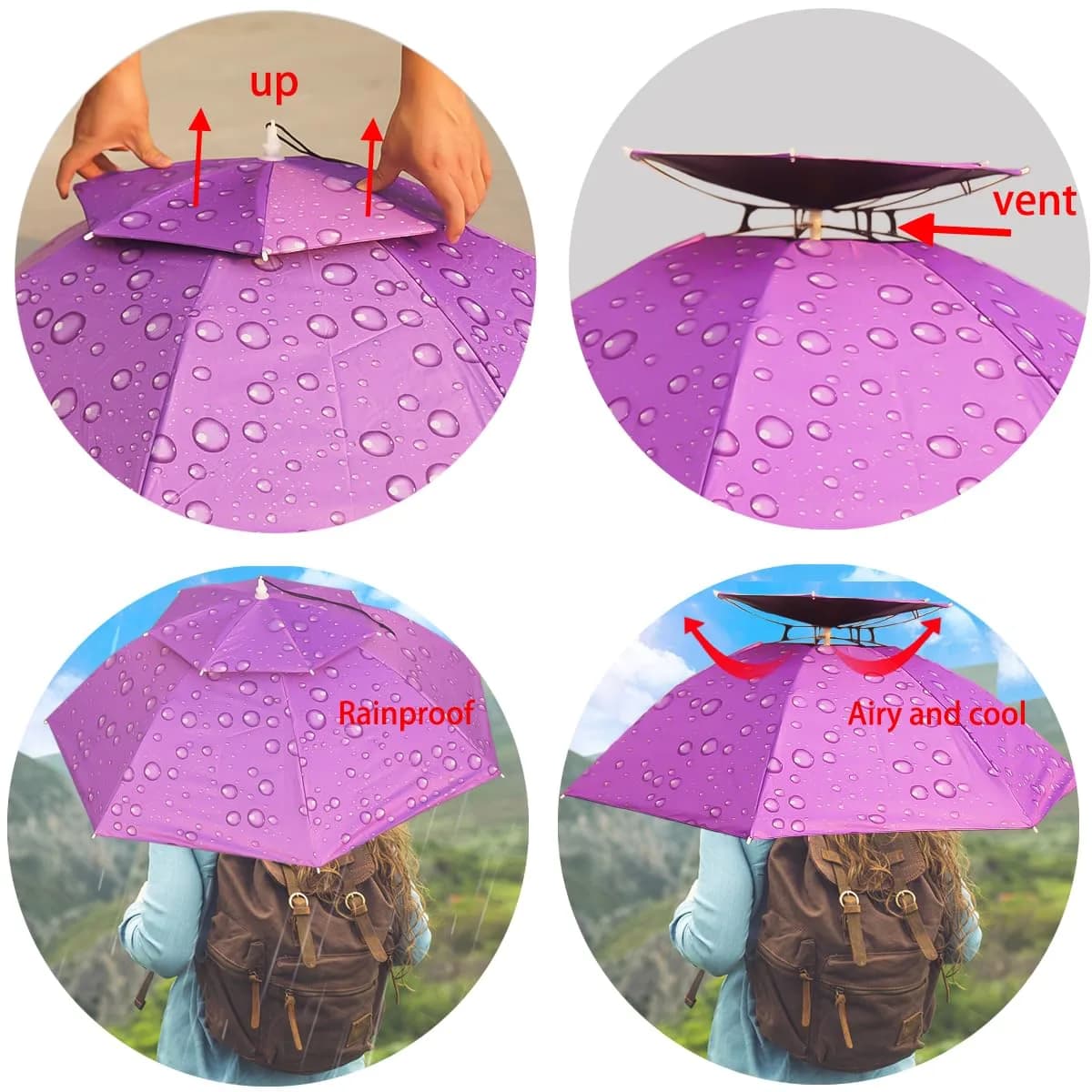 Bocampty Purple Umbrella Hat, 37 inch Diameter, Hands-Free UV Protection for Fishing & Outdoors - view 3