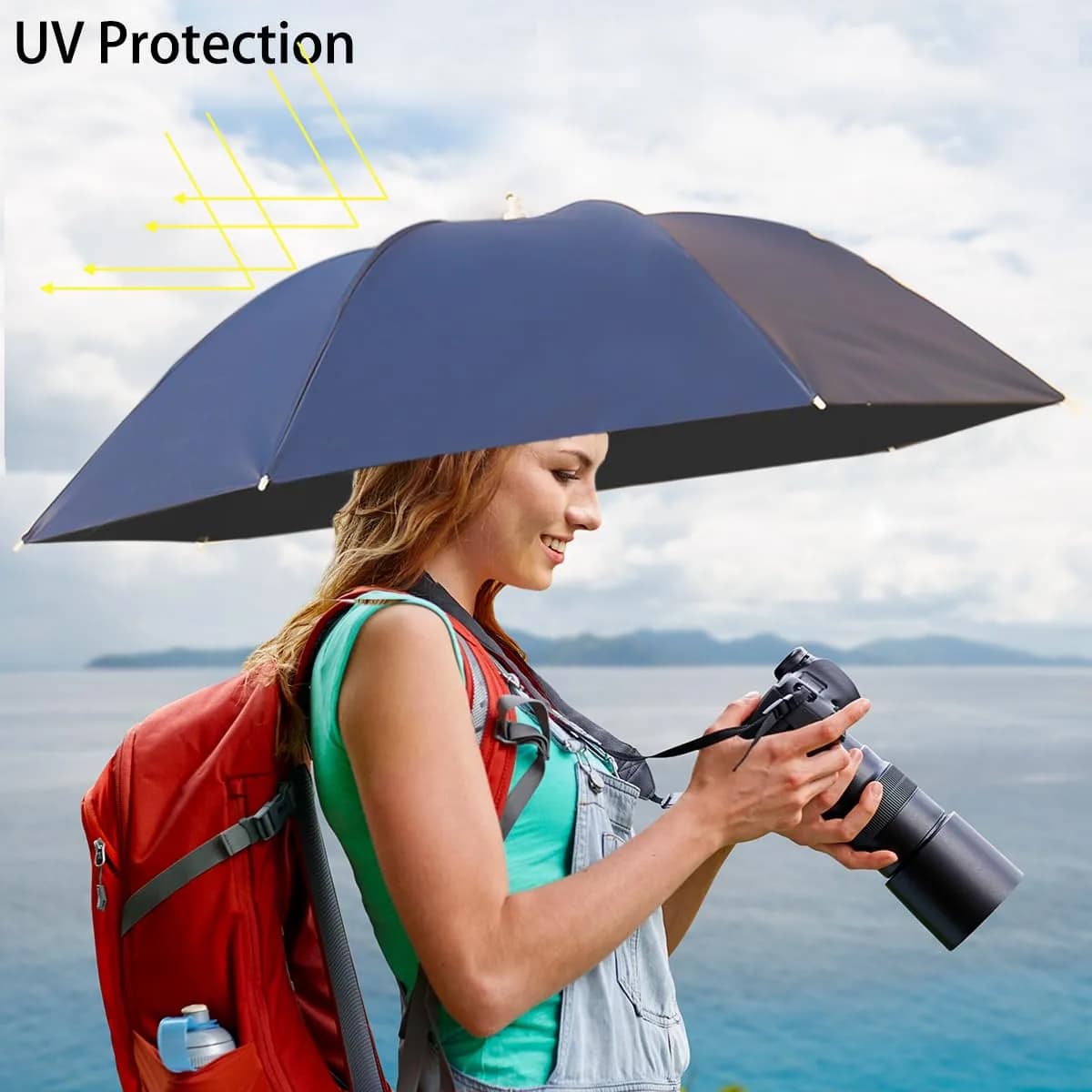 Bocampty Navy Blue Umbrella Hat, 37 inch Diameter, Hands-Free UV Protection for Fishing & Outdoors - view 3