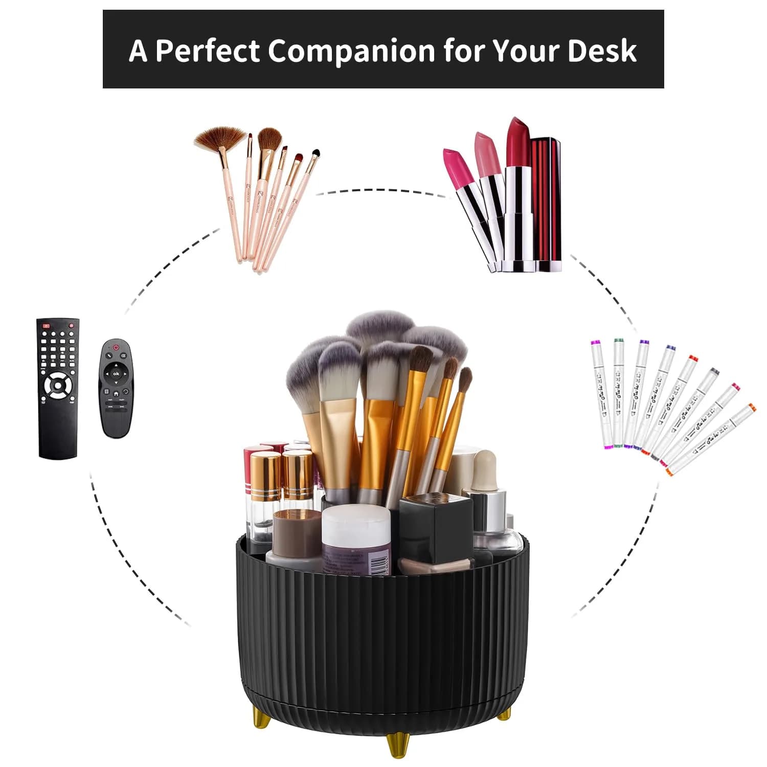 Marbrasse 360° Rotating Desk Organizer with 5 Compartments | Smoothly Spins for Office, Home, Craft Supplies (Black) - view 6