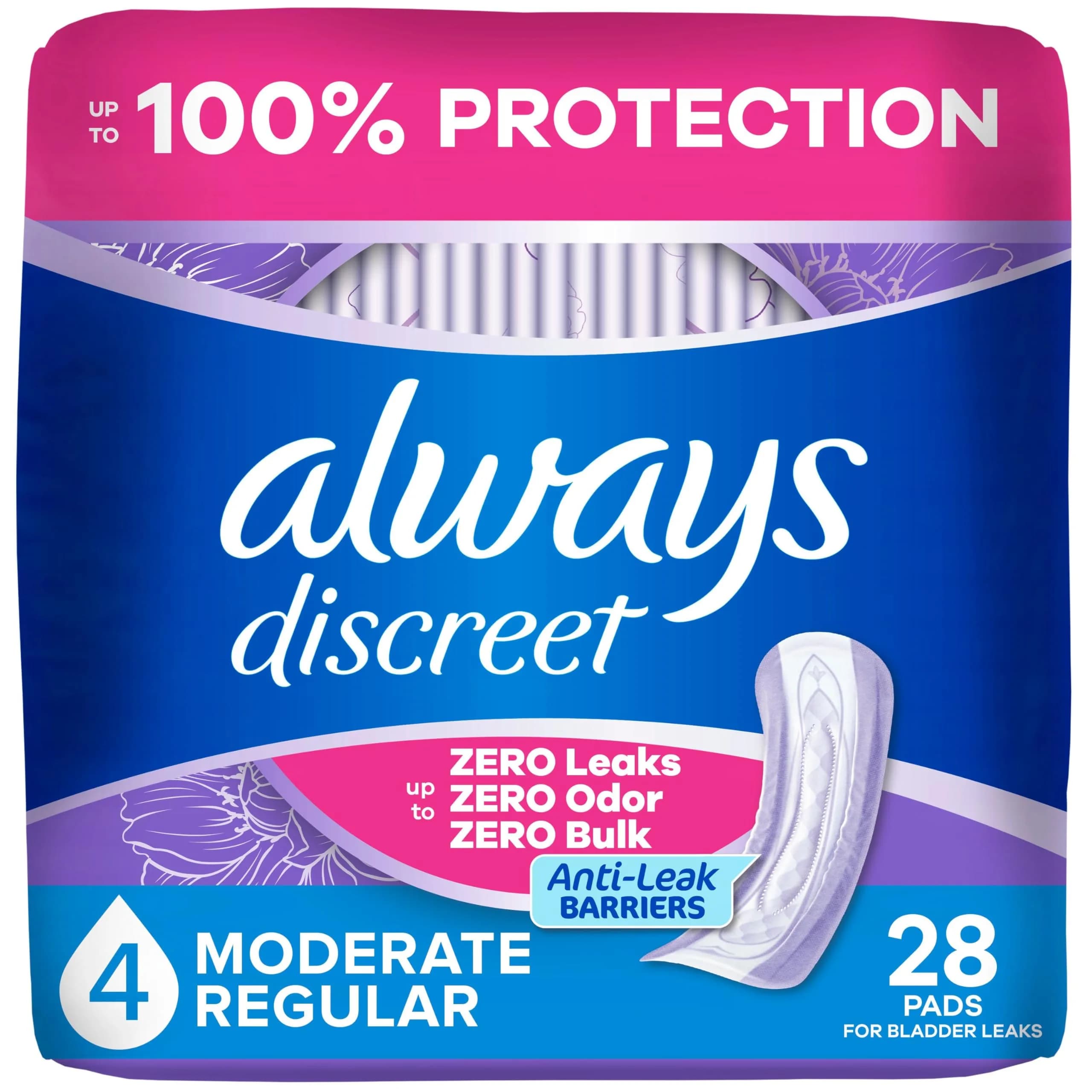 Always Discreet Moderate Absorbency Long Length Incontinence Pads for Women | Dermatologist Tested