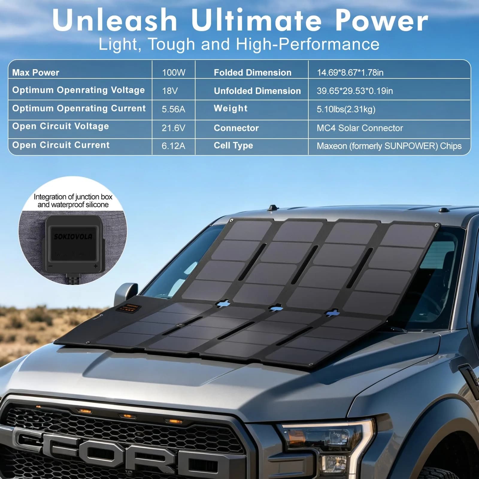 SOKIOVOLA 100W Foldable Solar Panel 18V | High-Efficiency ETFE Portable Charger for RVs & Outdoor Use - view 2