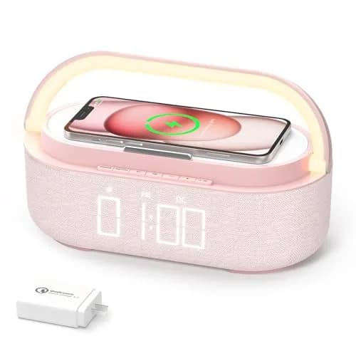 COLSUR Bluetooth Speaker Alarm Clock & Wireless Charger with FM Radio, Night Light, Phone Holder - Pink — Pink