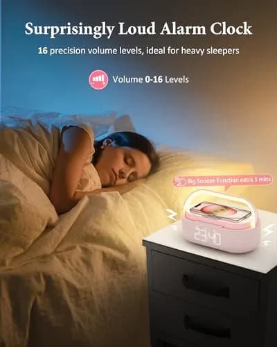 COLSUR Bluetooth Speaker Alarm Clock & Wireless Charger with FM Radio, Night Light, Phone Holder - Pink thumbnail 4