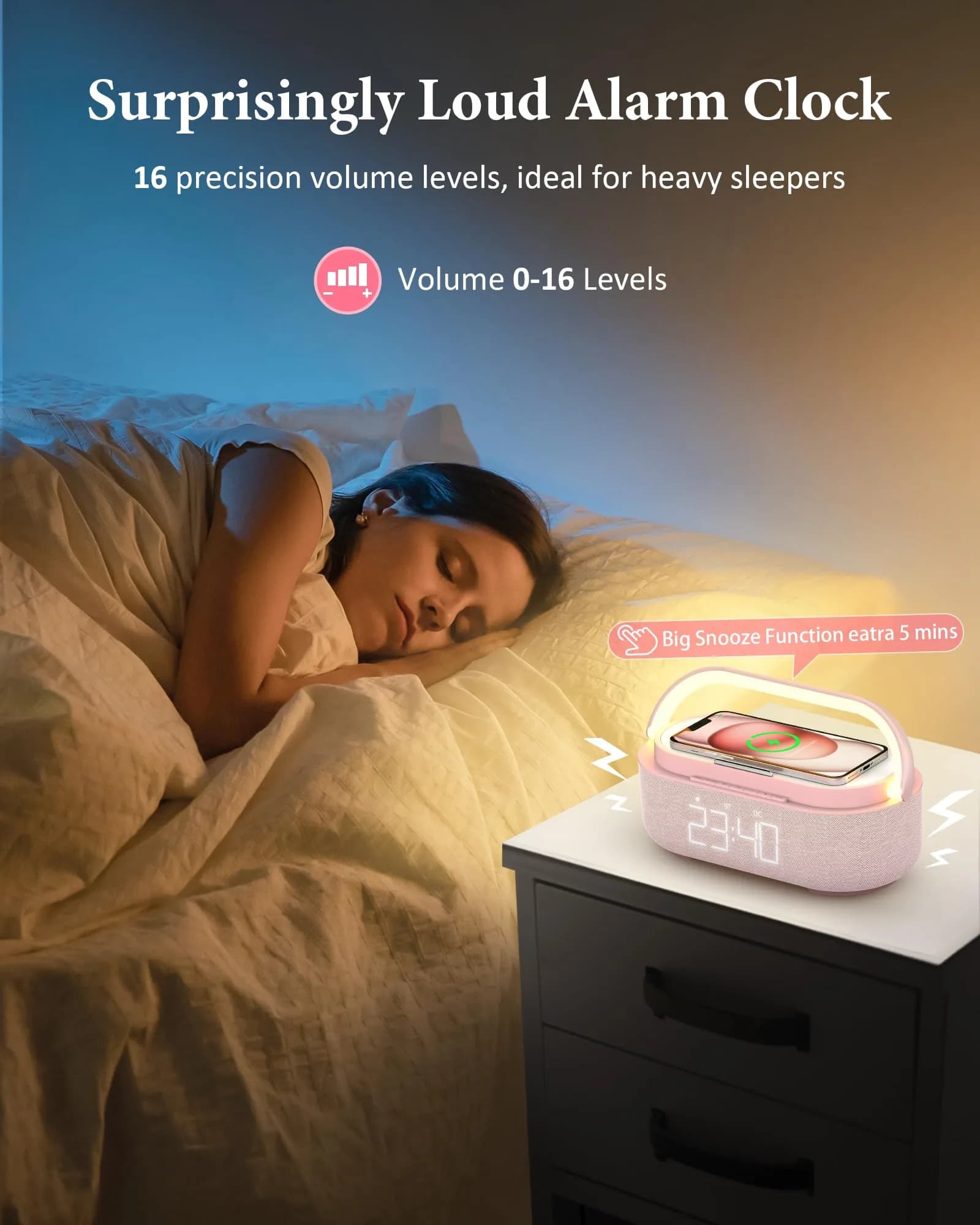 COLSUR Bluetooth Speaker Alarm Clock & Wireless Charger with FM Radio, Night Light, Phone Holder - Pink - view 4