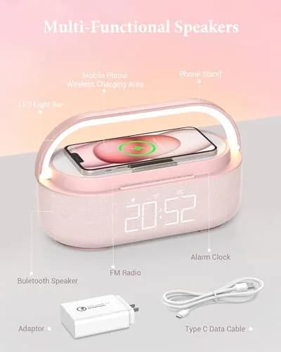 COLSUR Bluetooth Speaker Alarm Clock & Wireless Charger with FM Radio, Night Light, Phone Holder - Pink thumbnail 5