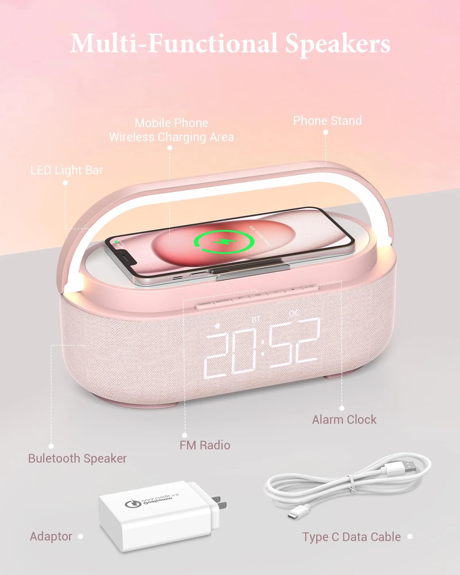 COLSUR Bluetooth Speaker Alarm Clock & Wireless Charger with FM Radio, Night Light, Phone Holder - Pink - view 5