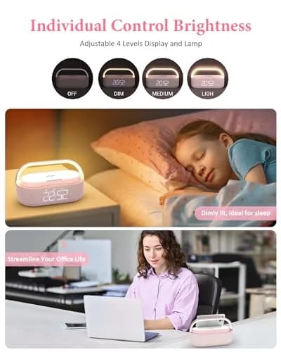 COLSUR Bluetooth Speaker Alarm Clock & Wireless Charger with FM Radio, Night Light, Phone Holder - Pink thumbnail 6