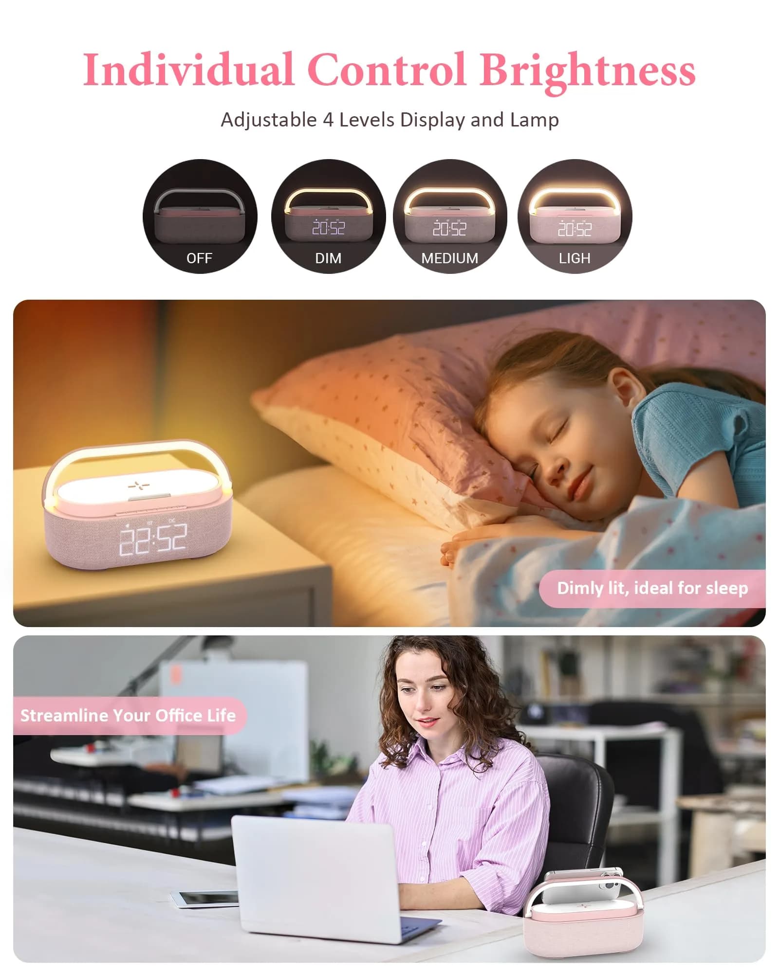 COLSUR Bluetooth Speaker Alarm Clock & Wireless Charger with FM Radio, Night Light, Phone Holder - Pink - view 6
