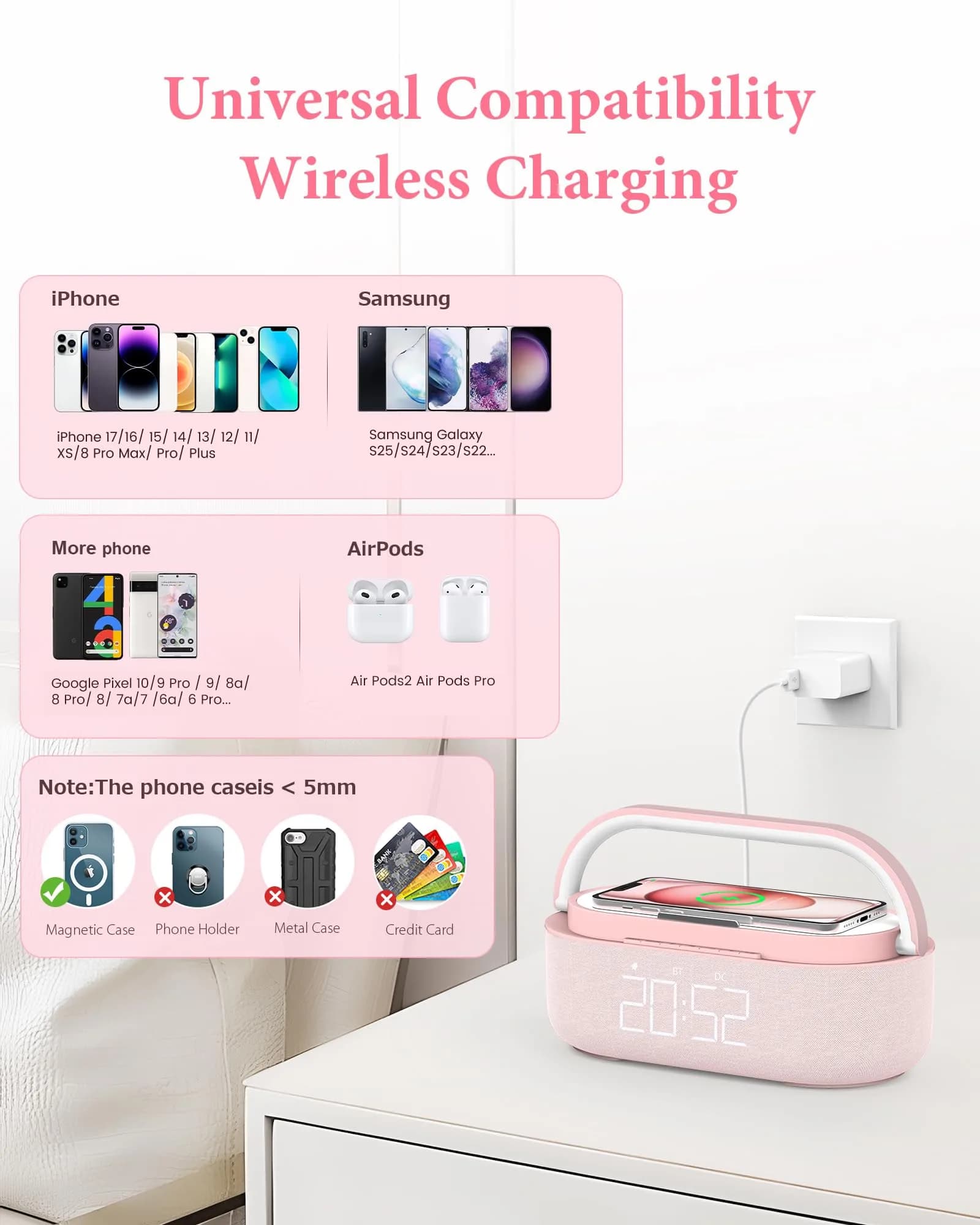 COLSUR Bluetooth Speaker Alarm Clock & Wireless Charger with FM Radio, Night Light, Phone Holder - Pink - view 7