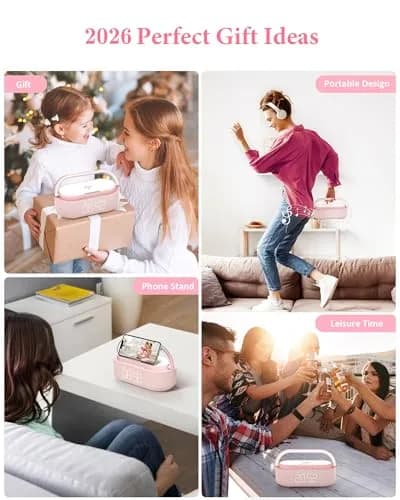 COLSUR Bluetooth Speaker Alarm Clock & Wireless Charger with FM Radio, Night Light, Phone Holder - Pink thumbnail 8