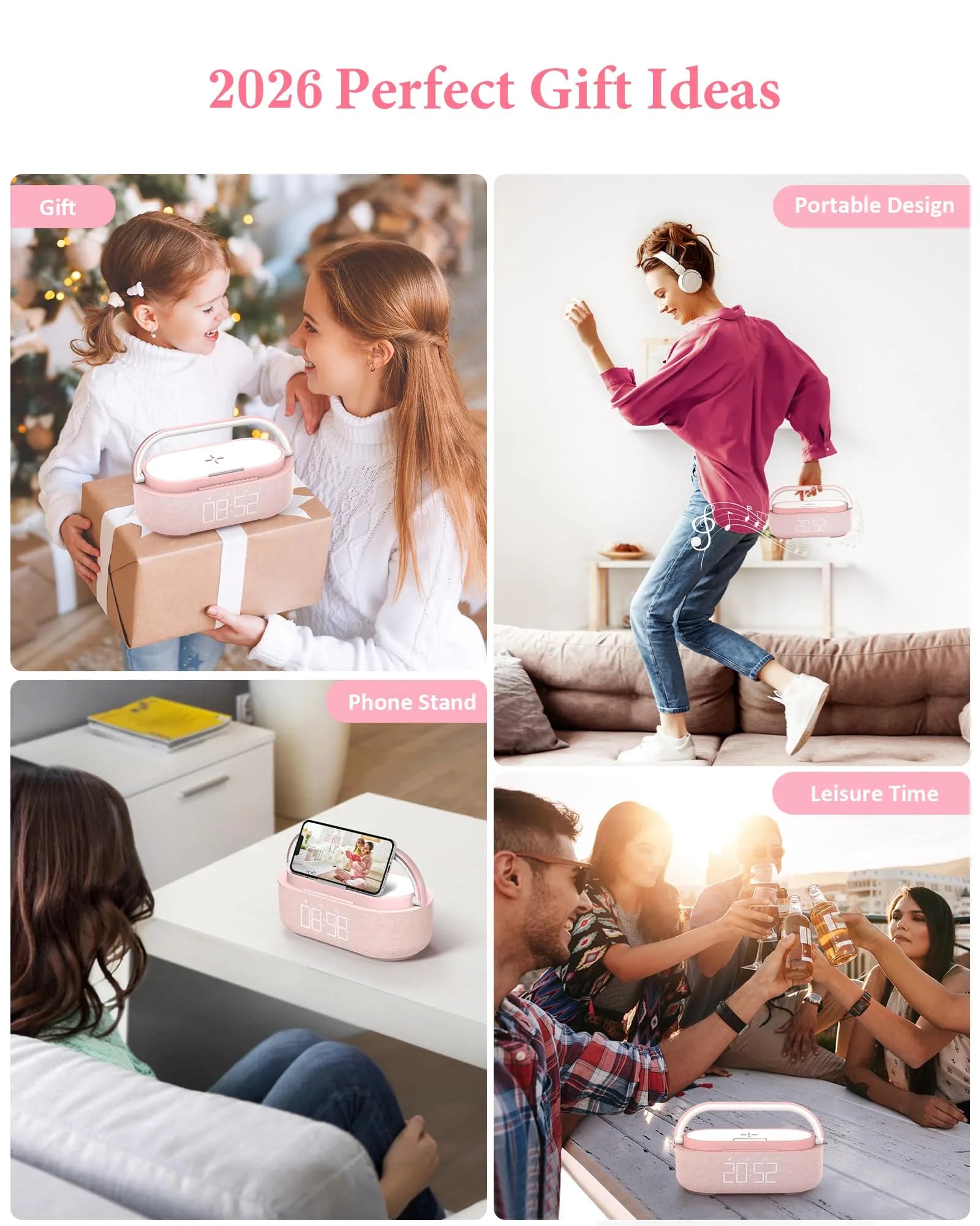 COLSUR Bluetooth Speaker Alarm Clock & Wireless Charger with FM Radio, Night Light, Phone Holder - Pink - view 8
