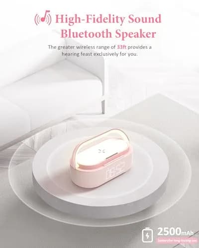 COLSUR Bluetooth Speaker Alarm Clock & Wireless Charger with FM Radio, Night Light, Phone Holder - Pink thumbnail 2