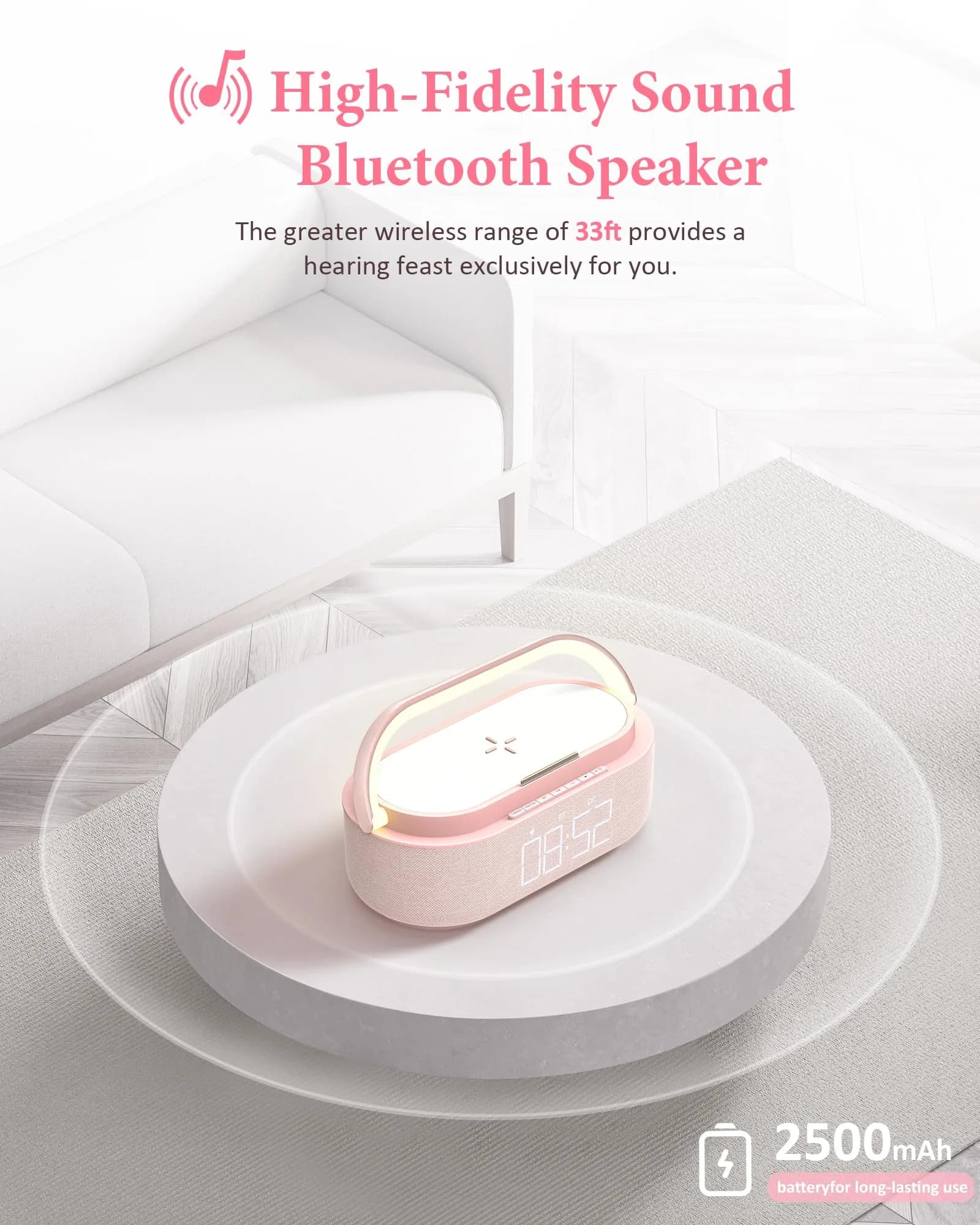 COLSUR Bluetooth Speaker Alarm Clock & Wireless Charger with FM Radio, Night Light, Phone Holder - Pink - view 2