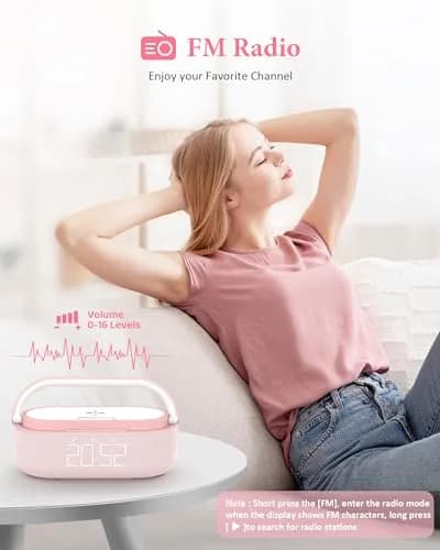 COLSUR Bluetooth Speaker Alarm Clock & Wireless Charger with FM Radio, Night Light, Phone Holder - Pink thumbnail 3