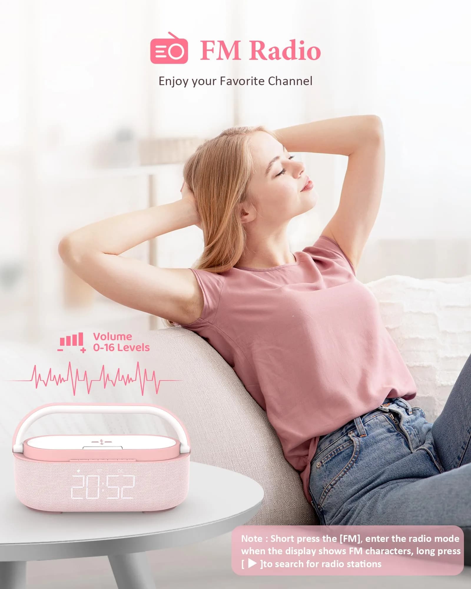 COLSUR Bluetooth Speaker Alarm Clock & Wireless Charger with FM Radio, Night Light, Phone Holder - Pink - view 3