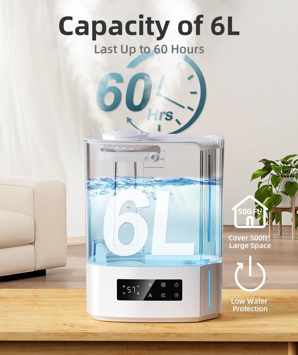 BREEZOME 6L Humidifier for Large Rooms & Bedrooms | Smart Humidistat Control, 60-Hour Runtime, 500 sq ft Coverage - view 2