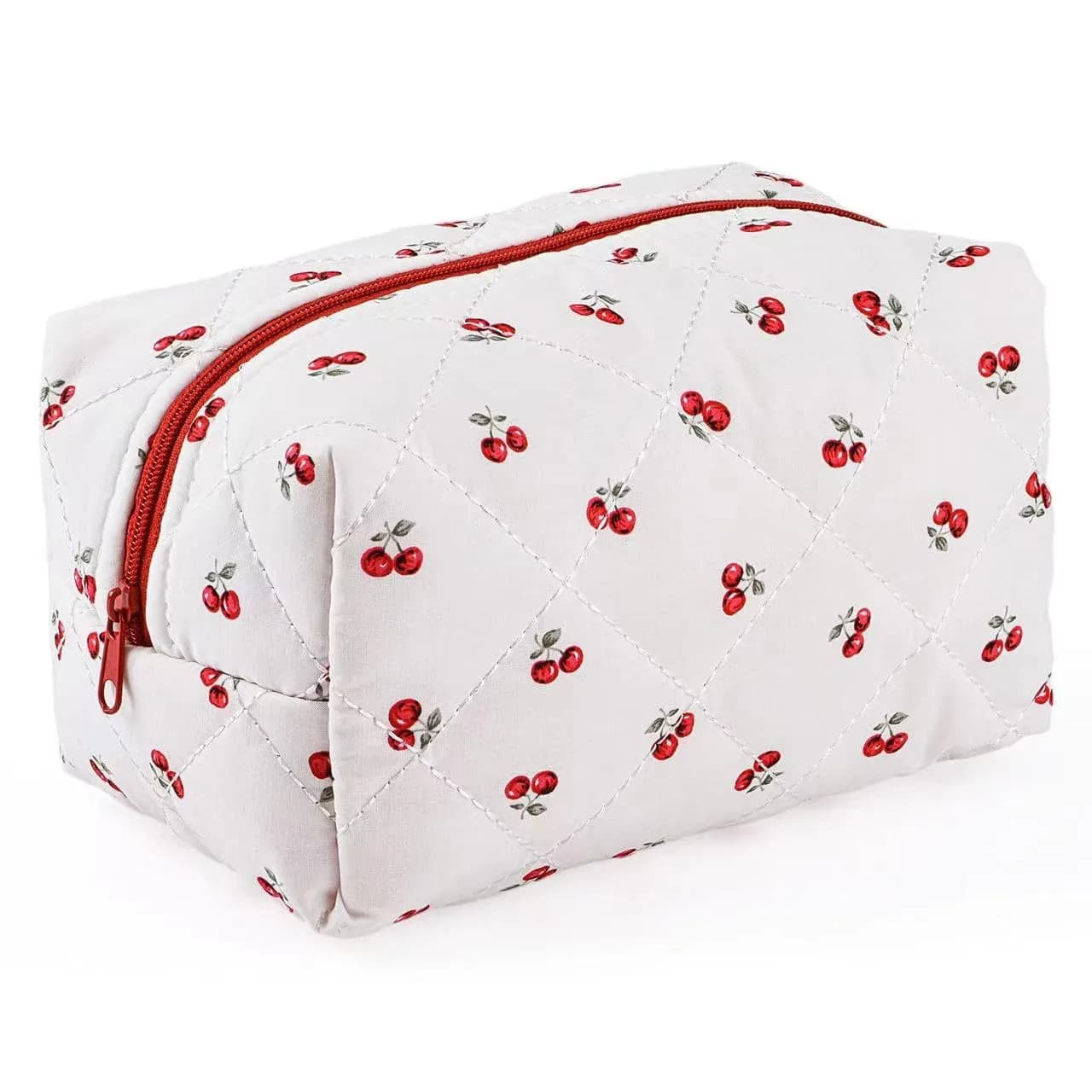 MZLUWM Quilted Floral Makeup Bag, Cherry, 19.8cm x 10cm x 10cm | Cute Cherry Make up Bag with Zipper — Cherry