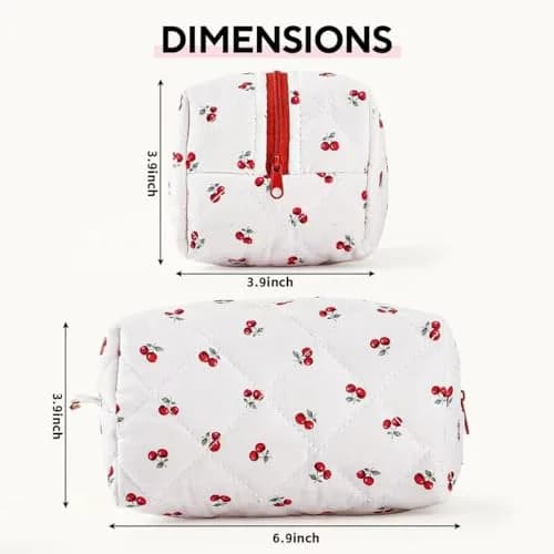MZLUWM Quilted Floral Makeup Bag, Cherry, 19.8cm x 10cm x 10cm | Cute Cherry Make up Bag with Zipper thumbnail 4