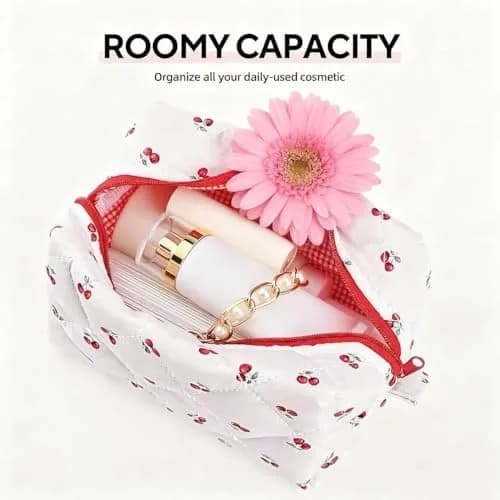 MZLUWM Quilted Floral Makeup Bag, Cherry, 19.8cm x 10cm x 10cm | Cute Cherry Make up Bag with Zipper thumbnail 2