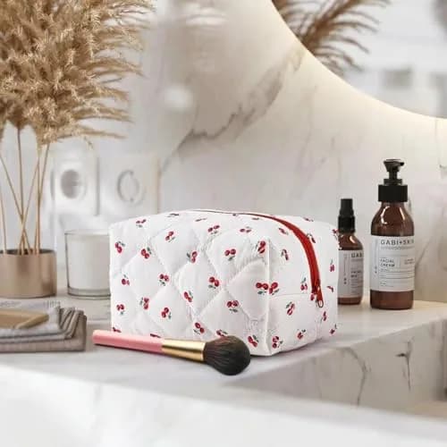 MZLUWM Quilted Floral Makeup Bag, Cherry, 19.8cm x 10cm x 10cm | Cute Cherry Make up Bag with Zipper thumbnail 3