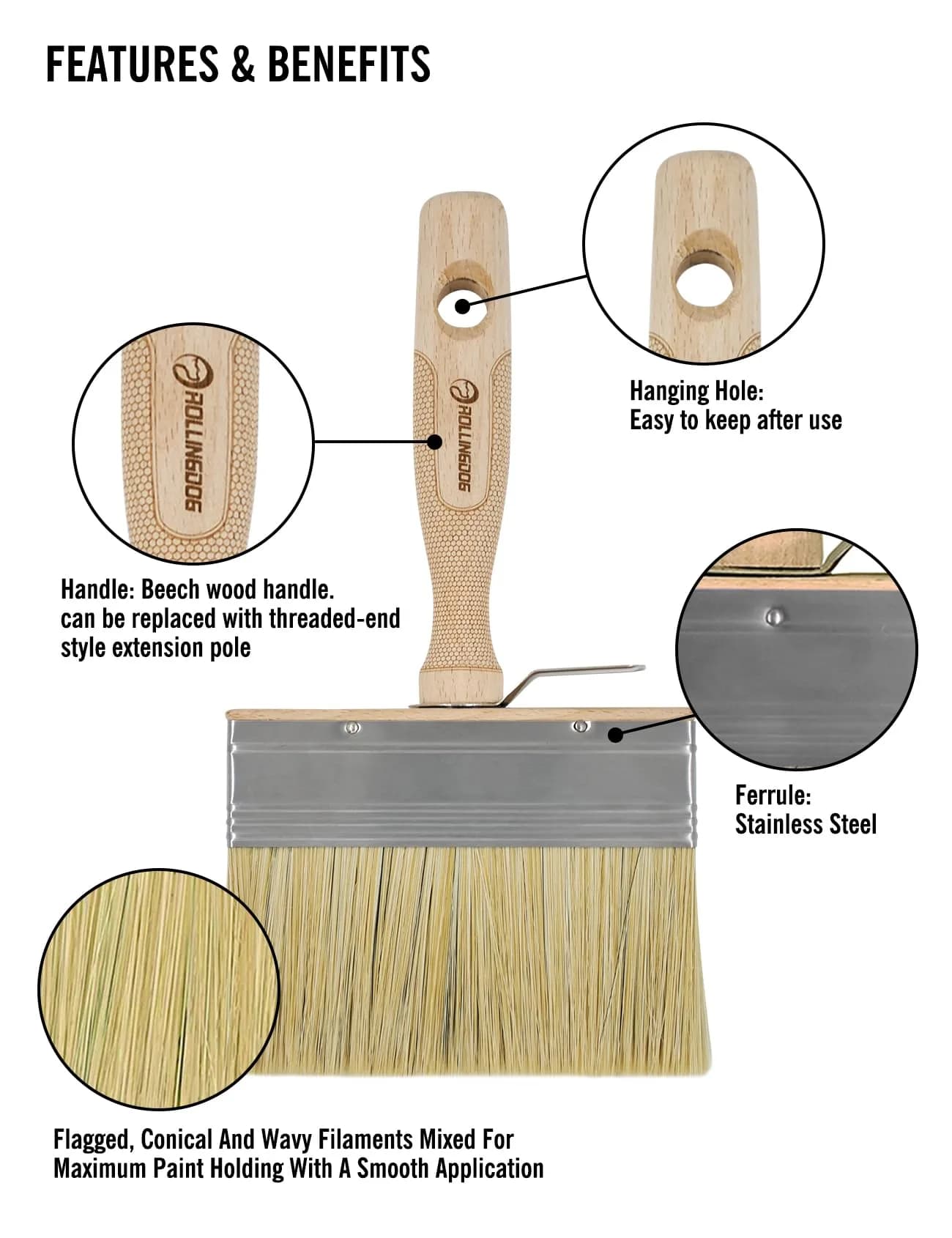 ROLLINGDOG 4.5 Inch Deck Stain Paint Brush (2-Pack, 120mm) | Laser Engraved Beech Wood Handle - view 3