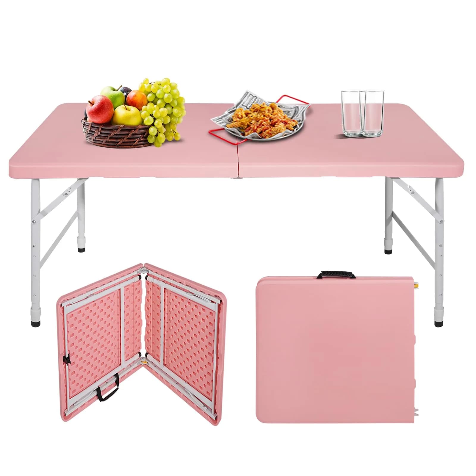 ICSPOID 4FT Pink Folding Table | Portable Plastic Camping Table with 4 Heights & 300 lbs Capacity