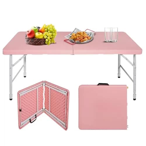 ICSPOID 4FT Pink Folding Table | Portable Plastic Camping Table with 4 Heights & 300 lbs Capacity thumbnail 1