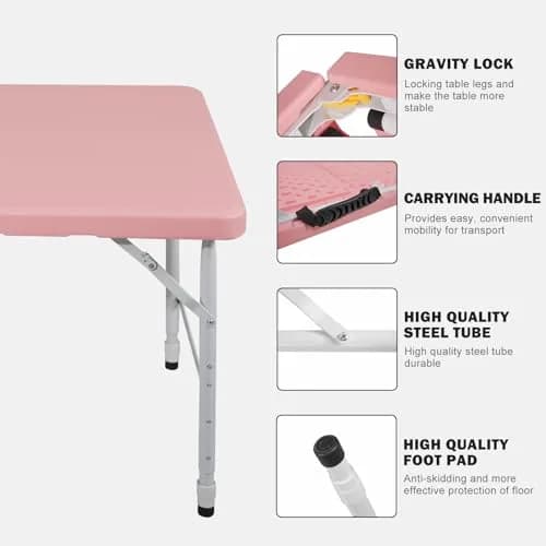 ICSPOID 4FT Pink Folding Table | Portable Plastic Camping Table with 4 Heights & 300 lbs Capacity thumbnail 3