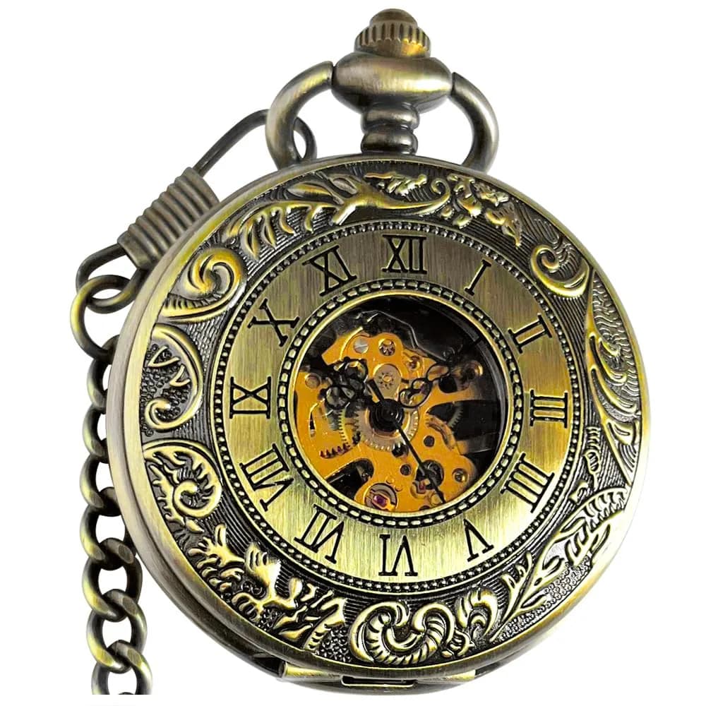 VIGOROSO Mechanical Pocket Watch for Men Gold with Chain | Vintage Skeleton Dial, 4.6cm Diameter, Hand Wind, Classic Style — Bronze